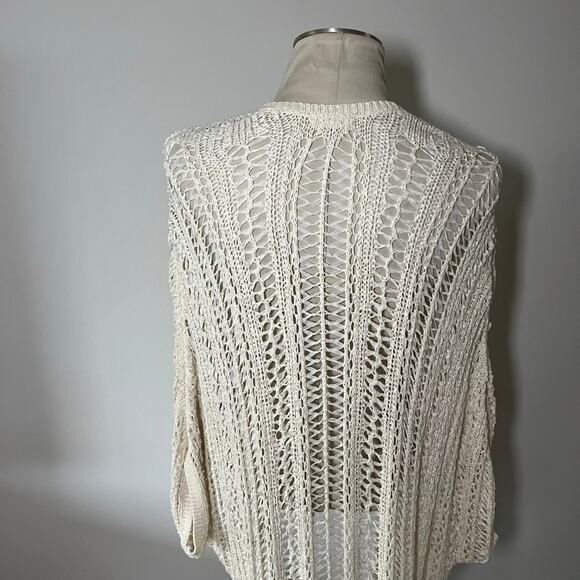 Cream Fringe Knit Crochet Long Cardigan Sweater Sz M/L Boho Coverup - Picture 5 of 8